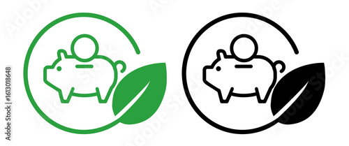 icon symbolizing environmental savings cost efficiency financial benefits sustainable practices piggy bank with a coin on top within a circular frame paired with green leaf