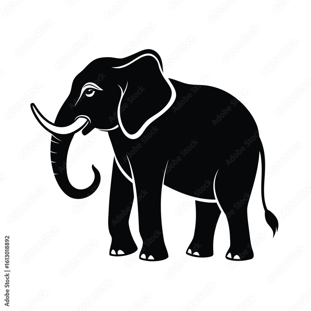 Fototapeta premium Majestic standing elephant with a triumphant raised trunk in a bold black silhouette design