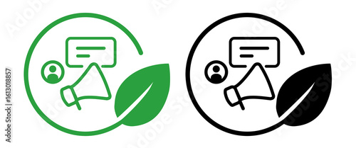 icon megaphone and person with message bubble within circular frame paired with green leaf symbolizing eco-marketing green communication promotion sustainable product green issue campaign