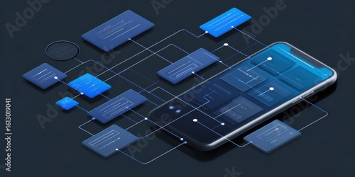 Modern smartphone interface with dynamic app connections and digital elements displayed on a dark background in a tech-focused design