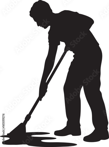 Worker Cleaning Up Spill with Mop Silhouette Vector Illustration.