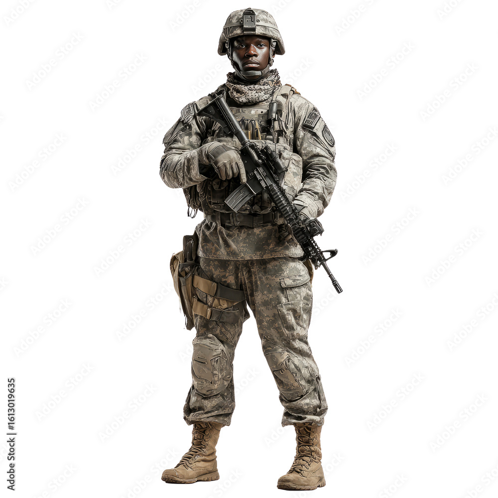 American Soldier: Duty and Dedication in Full Gear, on Black Backdrop American Soldier: Duty and Dedication in Full Gear, on Black Backdrop
