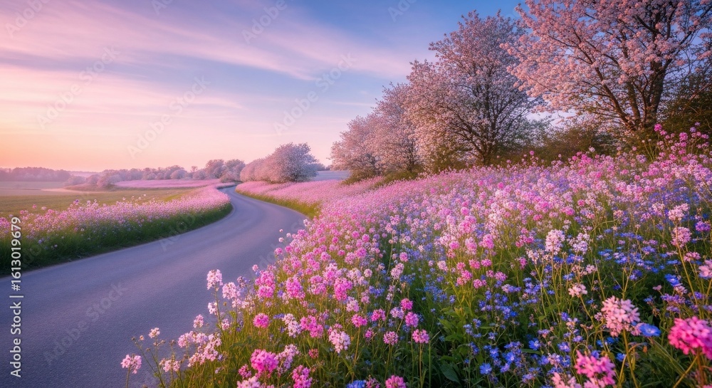 Obraz premium Enchanting Blossom Path: A Scenic Spring Landscape with Blooming Flowers