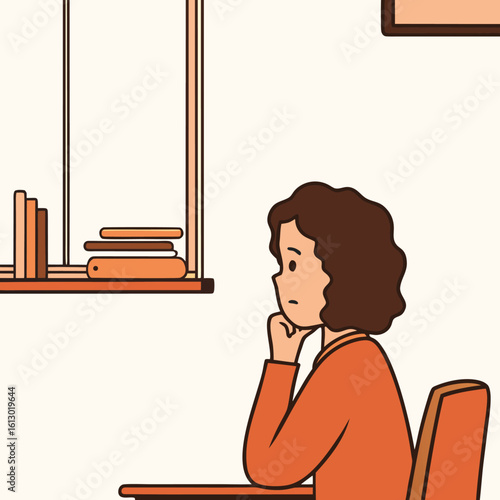 Pensive Young Woman with Curly Hair Lost in Thought with a Blank Thought Bubble Representing Her Contemplative State