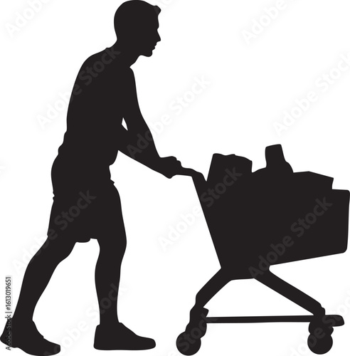 Silhouette of Man Pushing Full Shopping Cart Vector Illustration, Transparent Background.