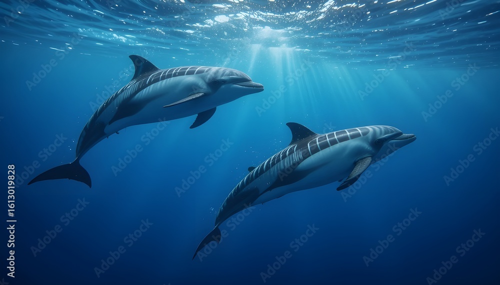 Fototapeta premium Striped Dolphins Leaping in Deep Blue Ocean – Wildlife Marine Photography Background