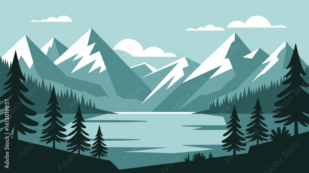 Fototapeta premium Majestic snow capped peaks reflected in tranquil lake surrounded by pine forest mountains water