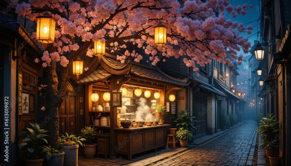 Nighttime street food stall with cherry blossoms and lanterns Nighttime street food stall with cherry blossoms and lanterns