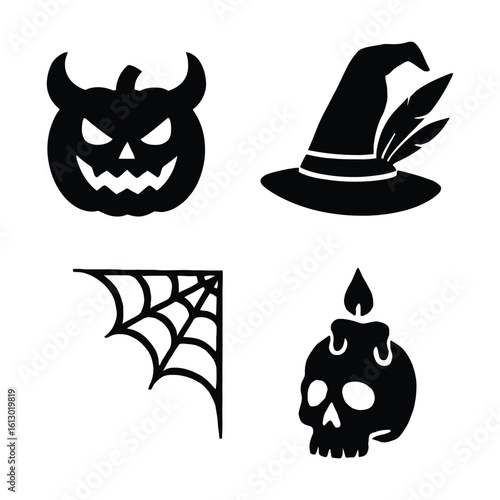 Halloween icons set silhouette of spooky symbols for celebration.