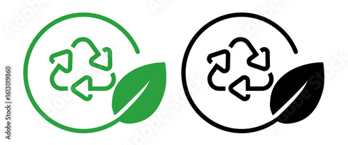 Icon universal recycle symbol within a circular frame green leaf symbolizing eco friendly representing recycling waste management and circular economy initiatives