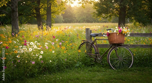 A vintage bicycle with a basket of flowers rests by a fence in a sunlit wildflower meadow.