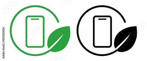 Icon smartphone phone within a circular frame green leaf symbolizing eco friendly sustainable technology eco-conscious communication and digital environmentalism