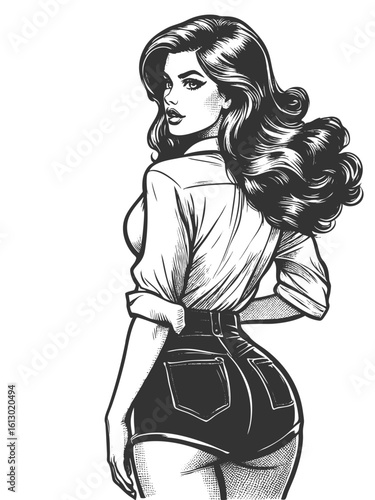 stylish woman with long flowing hair, looking back while wearing a tied shirt and shorts sketch engraving generative ai fictional character vector illustration. Scratch board. Black and white image.