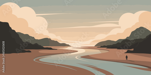 A solitary figure observes a winding river flowing through a mountainous landscape under a cloudy sky