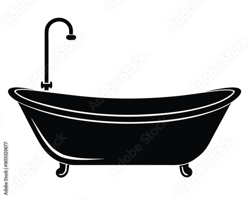 Black bathtub with faucet isolated on white background in silhouette Ai Generated