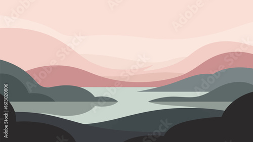 Gentle rolling hills meet a tranquil lake under a soft pink sky nature landscape