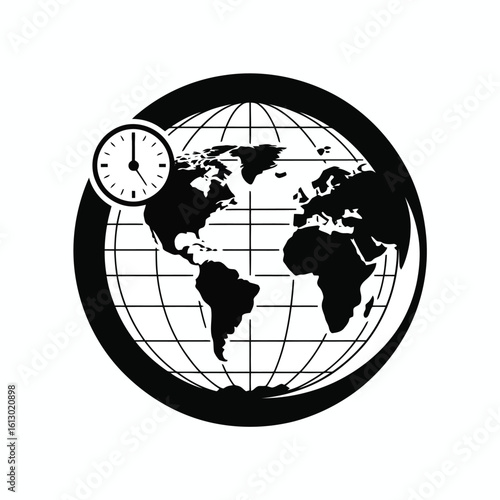 Global timekeeping symbol with clock and continents globe world