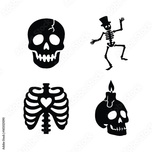 Four halloween icons skull ribcage dancing skeleton and skull with candle silhouette.
