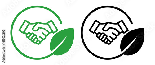 eco-friendly icon featuring a handshake intertwined with a green leaf symbolizing partnership agreement cooperation for environmental sustainability and eco-friendly initiative