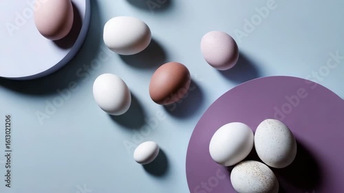 A collection of eggs of different sizes and colors are arranged on a purple background. The eggs are placed in a circular pattern, with some overlapping each other. Scene is one of simplicity