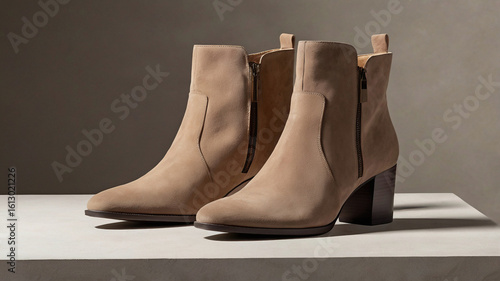Elegant taupe suede boots photography in minimal studio setup with soft shadows. Ideal for modern product showcases or footwear branding.

