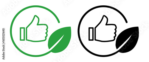 icon thumbs up gesture within circular frame paired with green leaf symbolizing positive recommendation approval and endorsement of sustainable products or practices