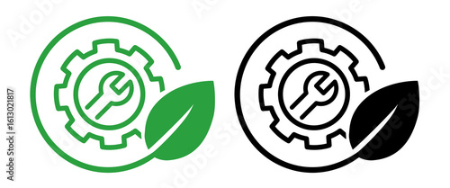 icon gear and wrench within a circular frame paired with a green leaf symbolizing sustainable industry eco-friendly manufacturing and green engineering practices
