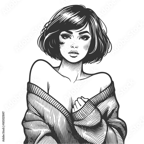 Woman in Sweater revealing shoulder sketch engraving generative ai fictional character vector illustration. Scratch board imitation. Black and white image.
