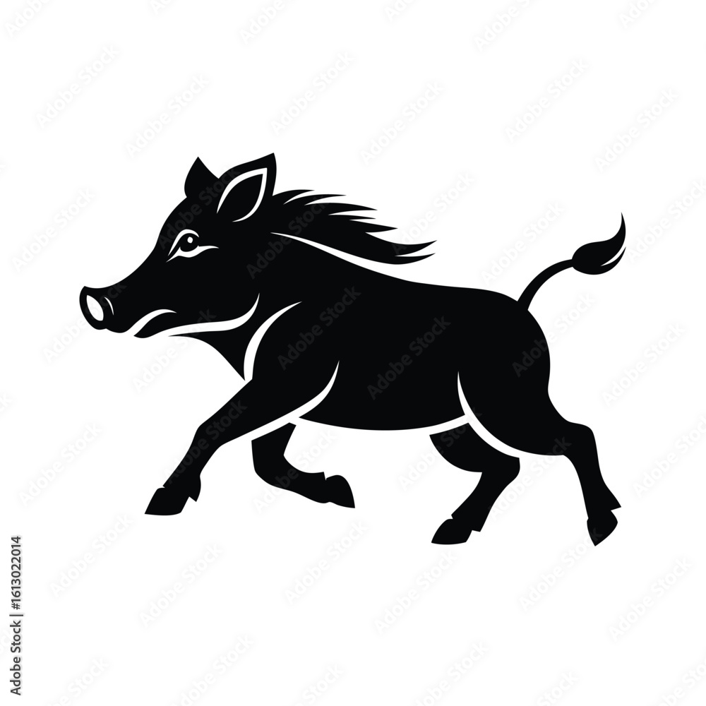 Fototapeta premium Dynamic black silhouette of a warthog in full gallop on a clean white background