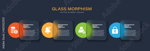 Glass morphism dark vector infographic template with 4 steps processes. Business and marketing infographic layout