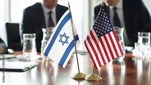 Israeli and US flags at center of formal diplomatic meeting with polished table reflections