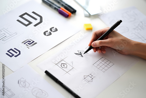 Graphic designer sketching geometric logo concepts on paper with pencil and design tools in creative workspace