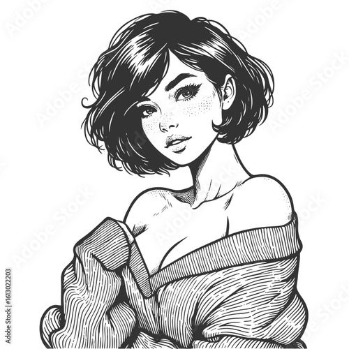 Woman in Sweater revealing shoulder sketch engraving generative ai fictional character vector illustration. Scratch board imitation. Black and white image.