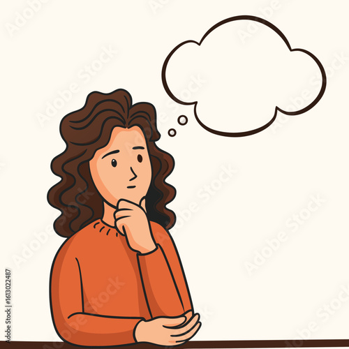 Pensive Young Woman with Curly Hair Lost in Thought with a Blank Thought Bubble Representing Her Contemplative State