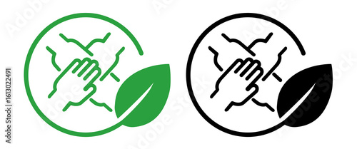 Icon multiple hands joined together in teamwork within a circular frame green leaf symbolizing eco friendly collaborative environmental efforts and community action