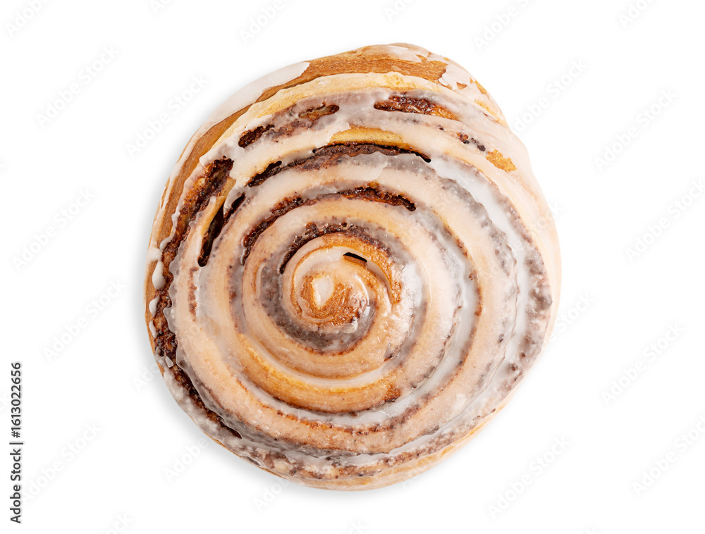 Fototapeta premium Top view of single delicious sweet homemade cinnamon roll bun glazed with sugar icing isolated on white background freshly baked for morning breakfast as pastry dessert or seasonal comfort food