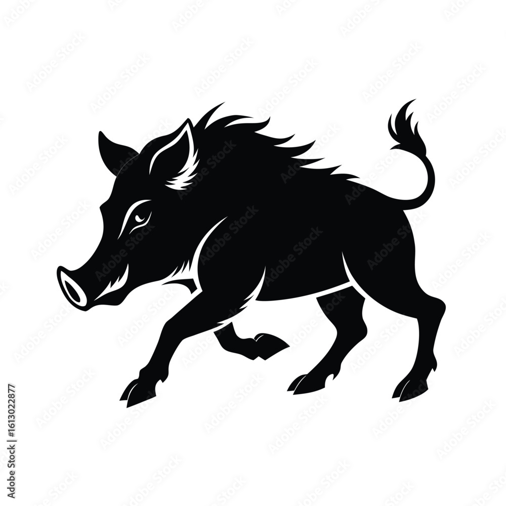 Fototapeta premium Dynamic black silhouette of a wild boar with prominent tusks in motion