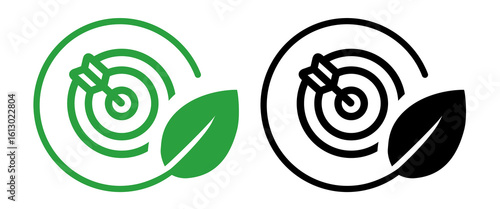 Icon target with an arrow hitting the bullseye within a circular frame green leaf symbolizing eco friendly environmental goals objectives and successful sustainable strategies
