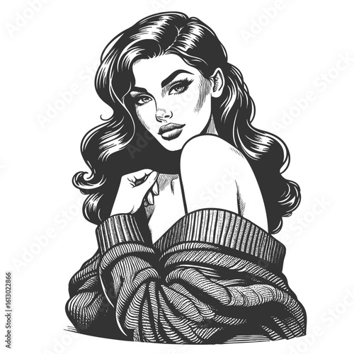 beautiful woman glancing over her shoulder, draped in an oversized sweater with bare back sketch engraving generative ai fictional character vector illustration. Scratch board. Black and white image.