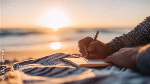 Fototapeta Naklejka Na Ścianę i Meble -  Person writing in a journal at sunset on the beach.