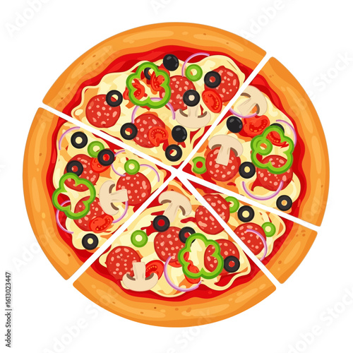 Colorful Pizza with Toppings in Divided Slices