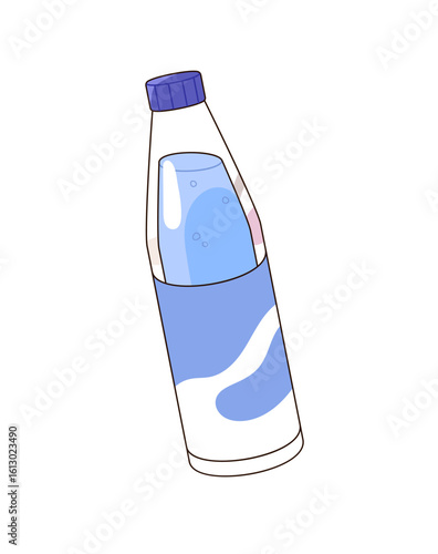 Plastic bottle of sparkling or still mineral water. Glass packaging is full of cool soft drink, fresh clean beverage. Icon of refreshment. Flat isolated vector illustration on white background
