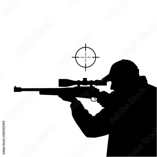 Silhouette of a marksman aiming a scoped rifle with precision target