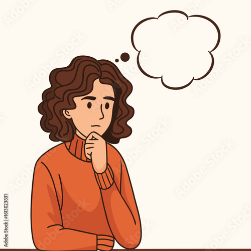 Pensive Young Woman with Curly Hair Lost in Thought with a Blank Thought Bubble Representing Her Contemplative State