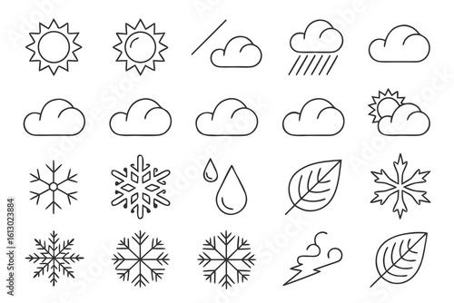 Collection of weather icons including sun clouds rain snow wind and leaves isolated on white background