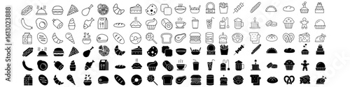 Food and drink icon vector set. Restaurant illustration sign collection. Сontains fast food, beverage, vegetables, fruits, desserts, meat, fish, coffee, cocktail and more. Editable line icons.
