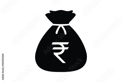 Black silhouette of a money bag with the indian rupee symbol prominently displayed isolated on white background