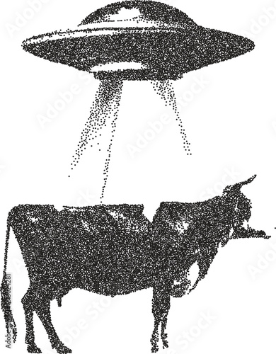 Alien vintage y2k stipple art, ufo halftone stipple brutalist retro vector png with transparent background, cosmic 2000s aesthetic photocopy effect tattoo
