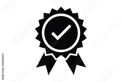 Black silhouette of a checkmark within a circular badge with ribbon details isolated on white background