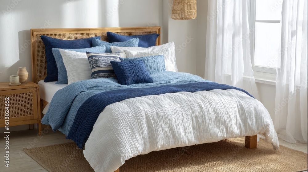 Obraz premium Cozy Bedroom With Blue And White Bedding And Wicker Accents. Inviting And Serene Interior Design